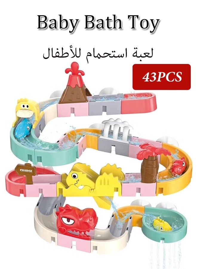 43PCS Baby Bath Toy, Dinosaur Bath Toys for Kids , DIY Water Slides Tracks with 3 Dino Bathtub Bath Toys Toddlers, Wall Suction Slide Playset for Toddlers, Fun Baby Bath Tub Bathtime Shower Birthday Gift Boys Girls - Image 1